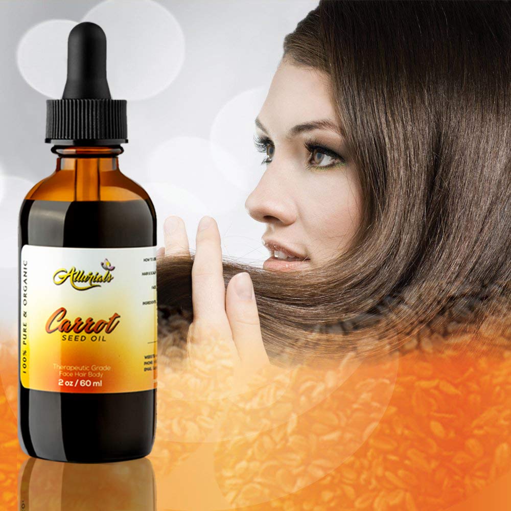 Allurials carrot seed oil pour shot highlights natural extraction and purity.
