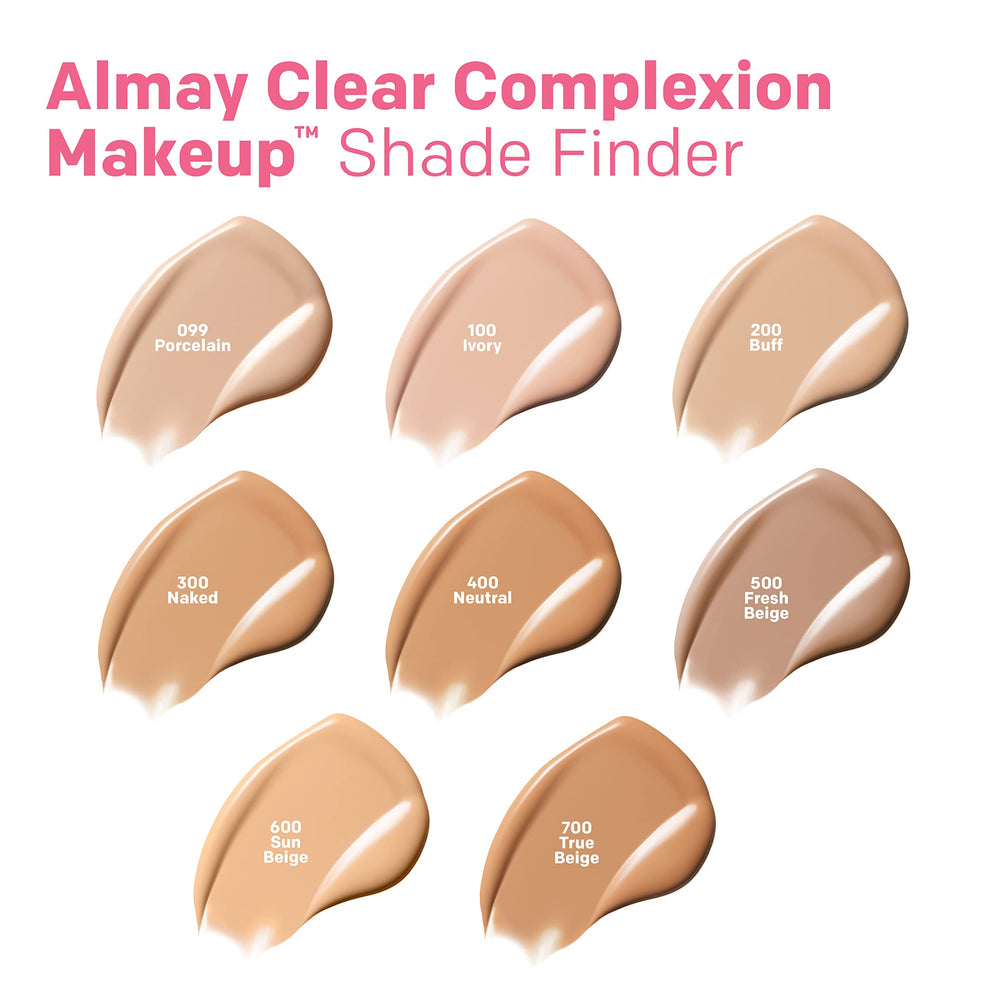 Bottle with pump of Almay Clear Complexion foundation for easy, mess-free application