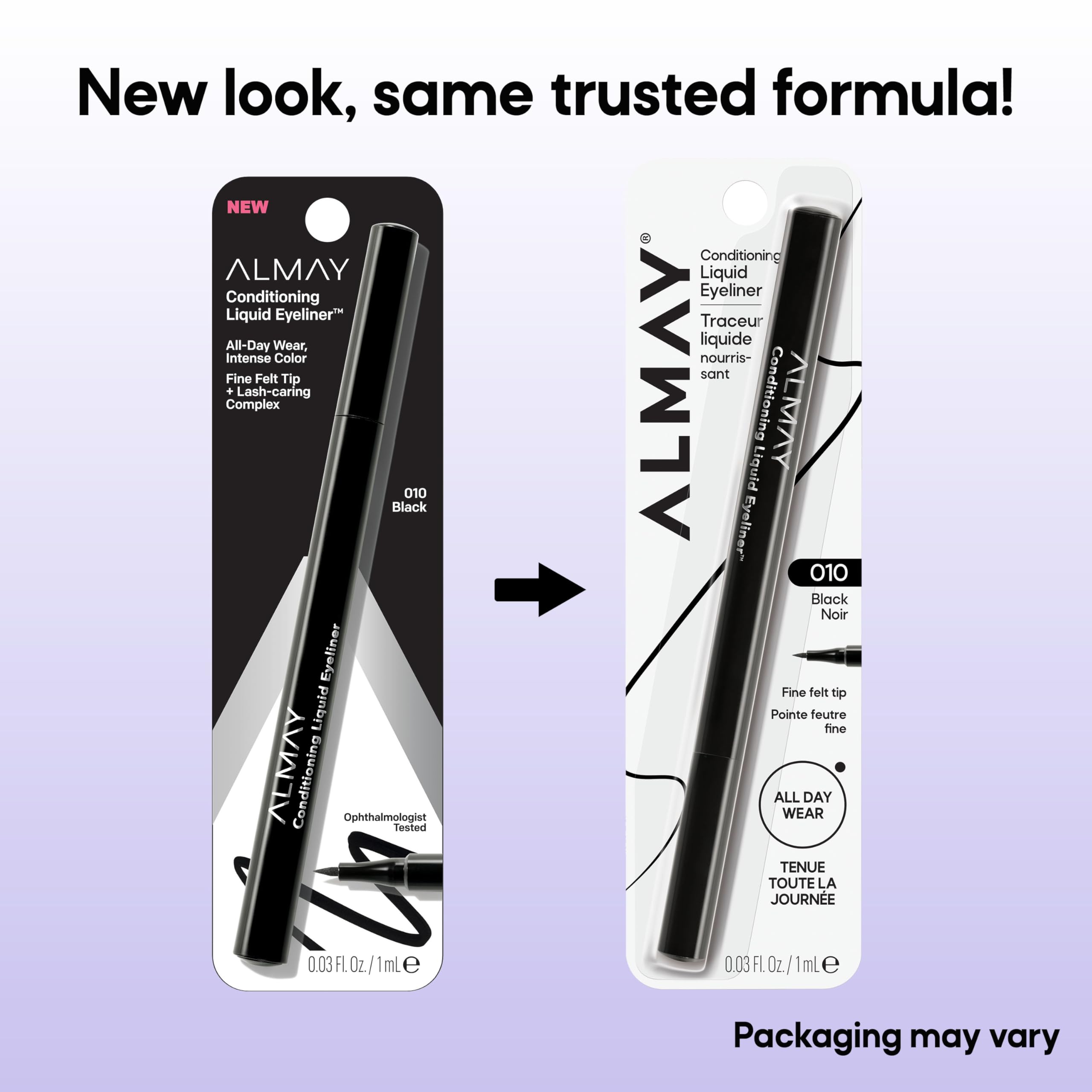 Almay Conditioning Liquid Eyeliner 10 Black shade on display for bold color.