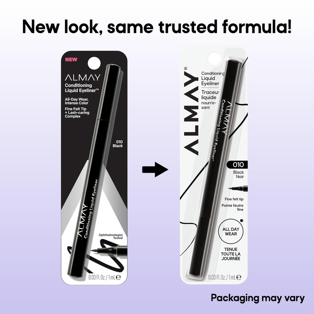 Almay Conditioning Liquid Eyeliner 10 Black shade on display for bold color.