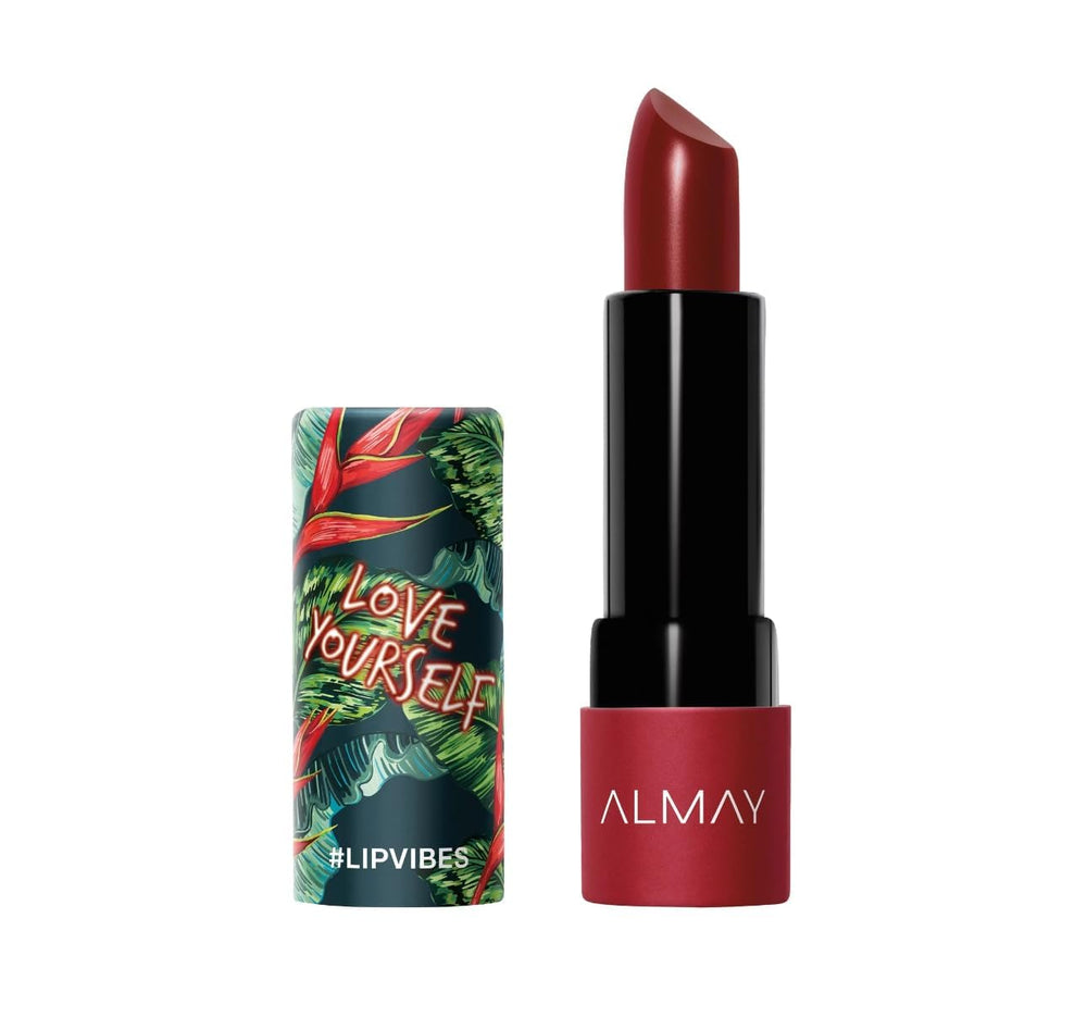Almay Lip Vibes lipstick tube close-up showing rich color for a bold look