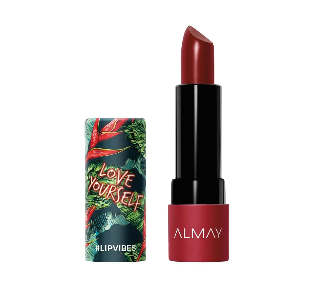 Almay Lip Vibes lipstick tube close-up showing rich color for a bold look