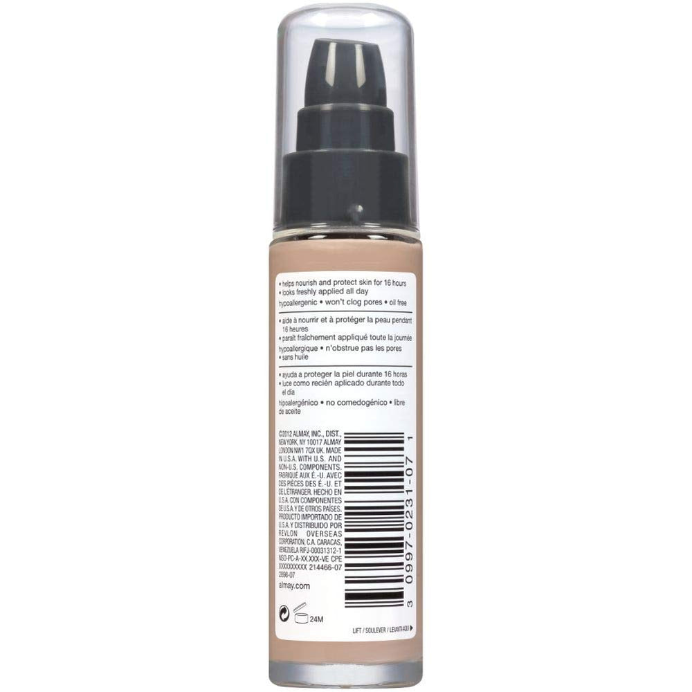 Cruelty-free Almay foundation display emphasizing clean, animal-friendly formula.