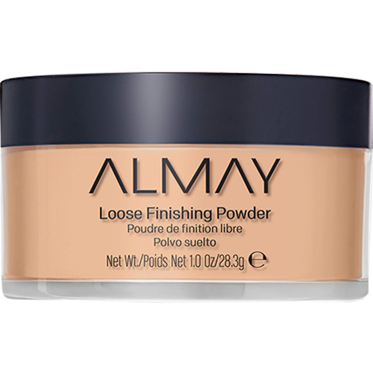 Almay loose finishing powder jar close-up highlights oil control and natural finish