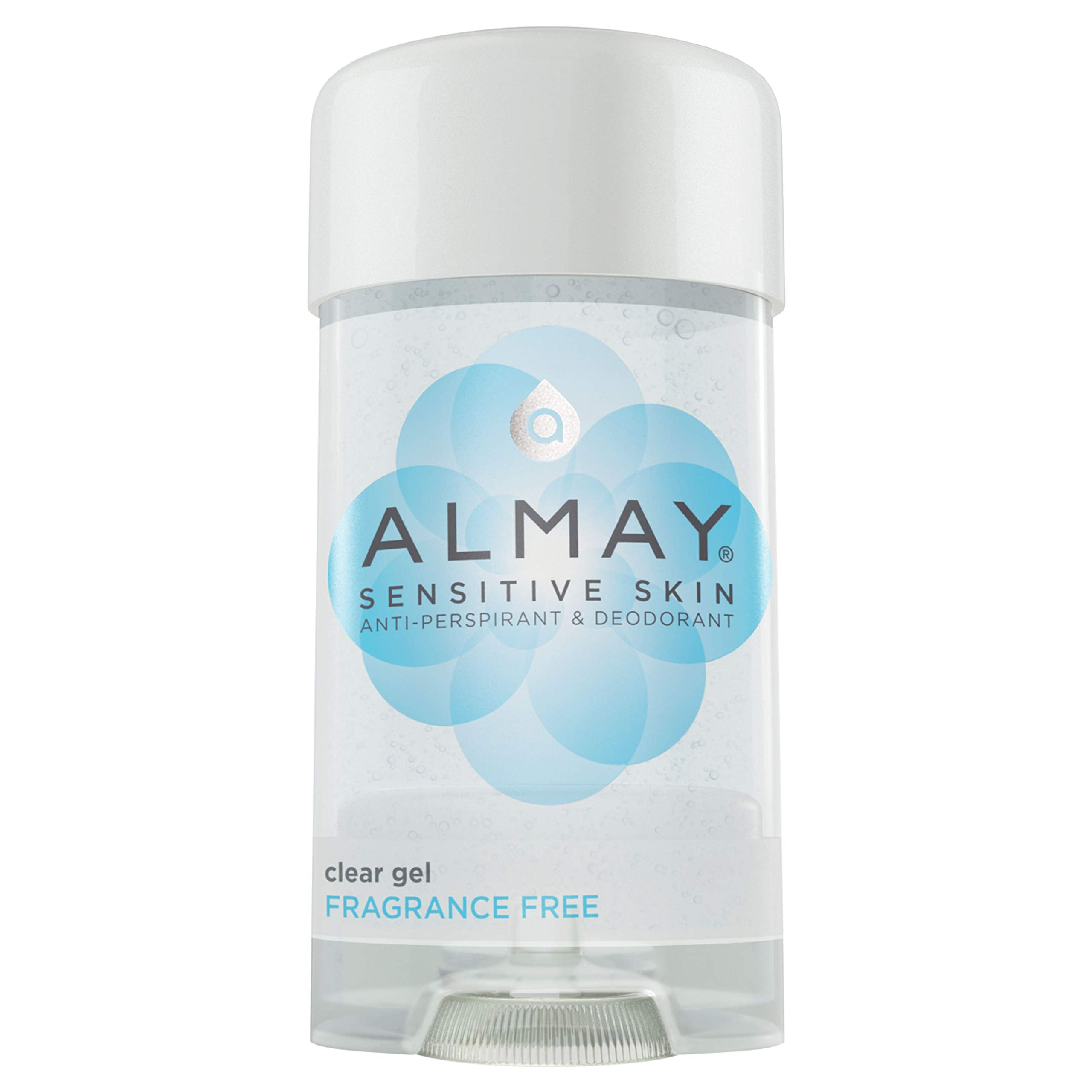 Almay Sensitive Skin Clear Gel Deodorant pack shot; fragrance-free formula.