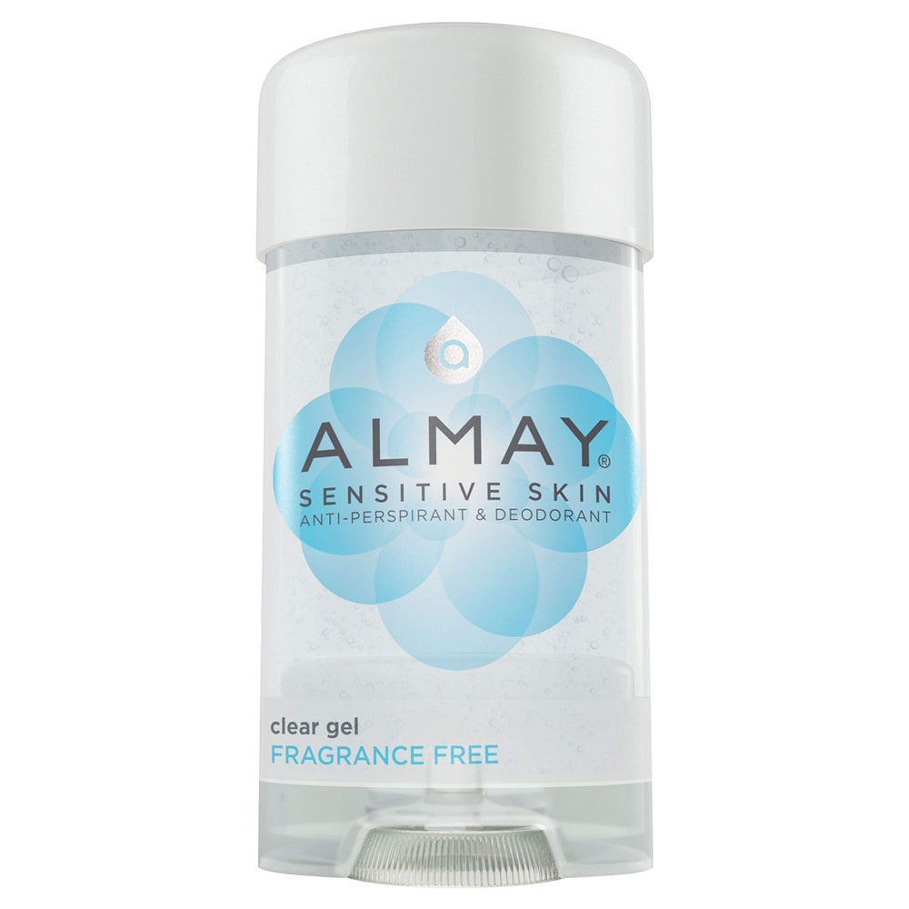 Almay Sensitive Skin Clear Gel Deodorant pack shot; fragrance-free formula.