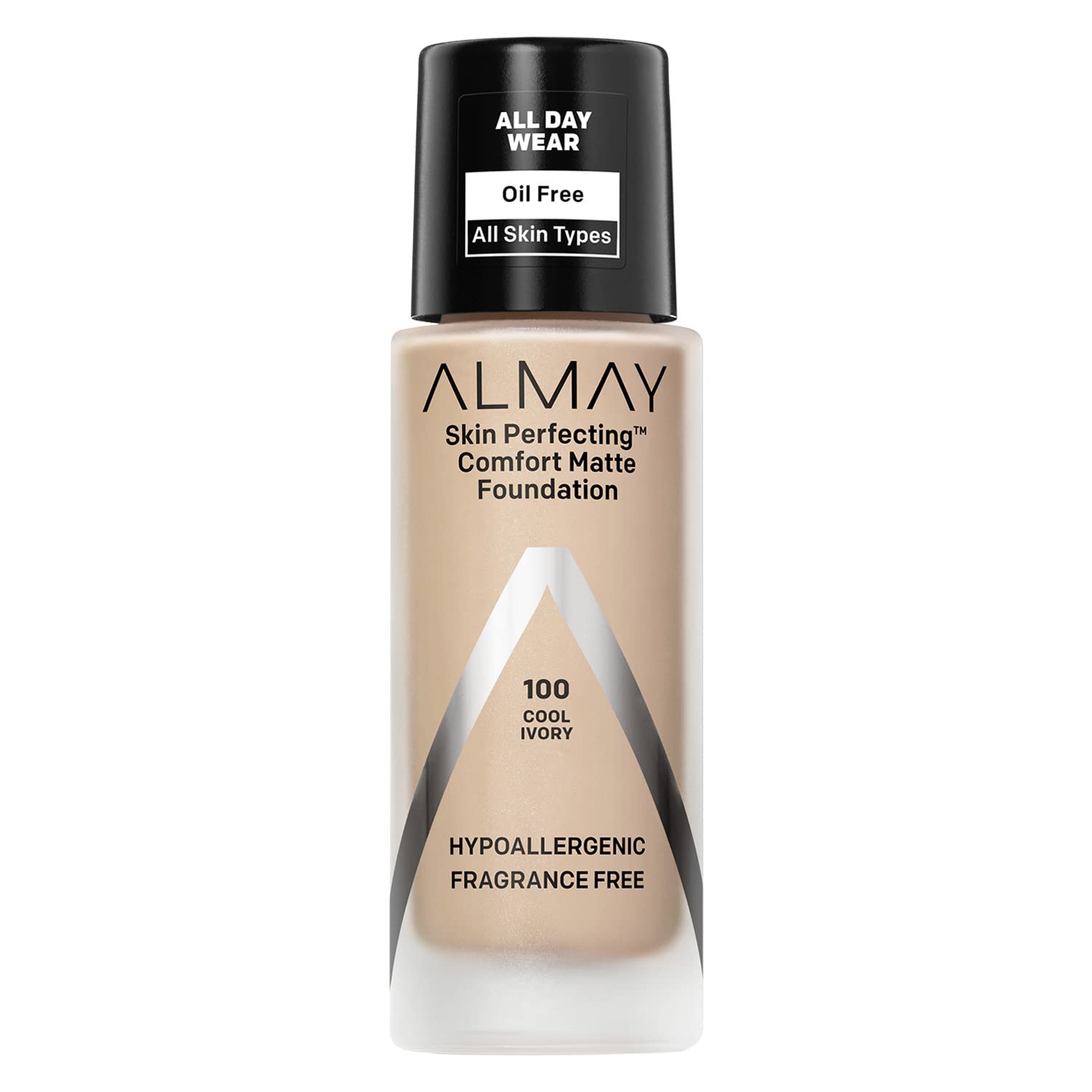 Almay Skin Perfecting Comfort Matte Foundation bottle in Cool Ivory for a natural matte look