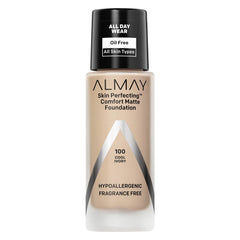 Almay Skin Perfecting Comfort Matte Foundation bottle in Cool Ivory for a natural matte look