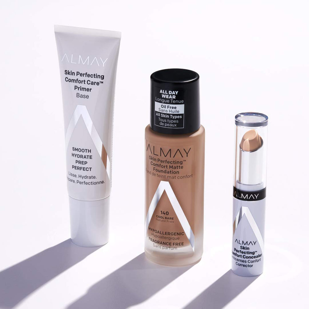 Shake well and apply Almay foundation from the center outward for seamless blending