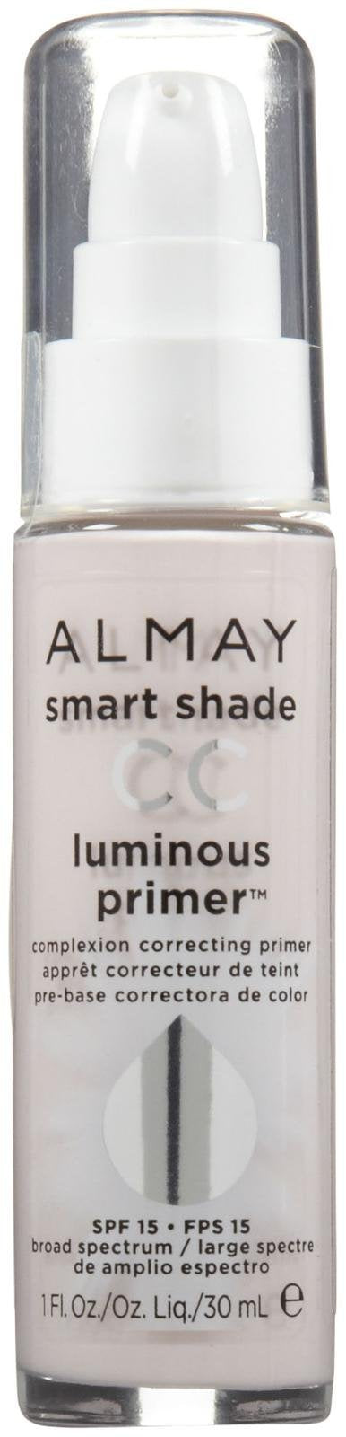 Almay Smart Shade CC Luminous Primer bottle shows a clear base for a brighter complexion.