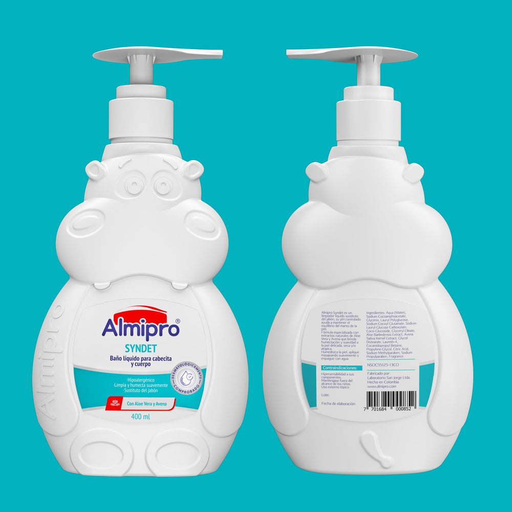 almipro Syndet Baby Wash bottle on bath shelf ready for bath time