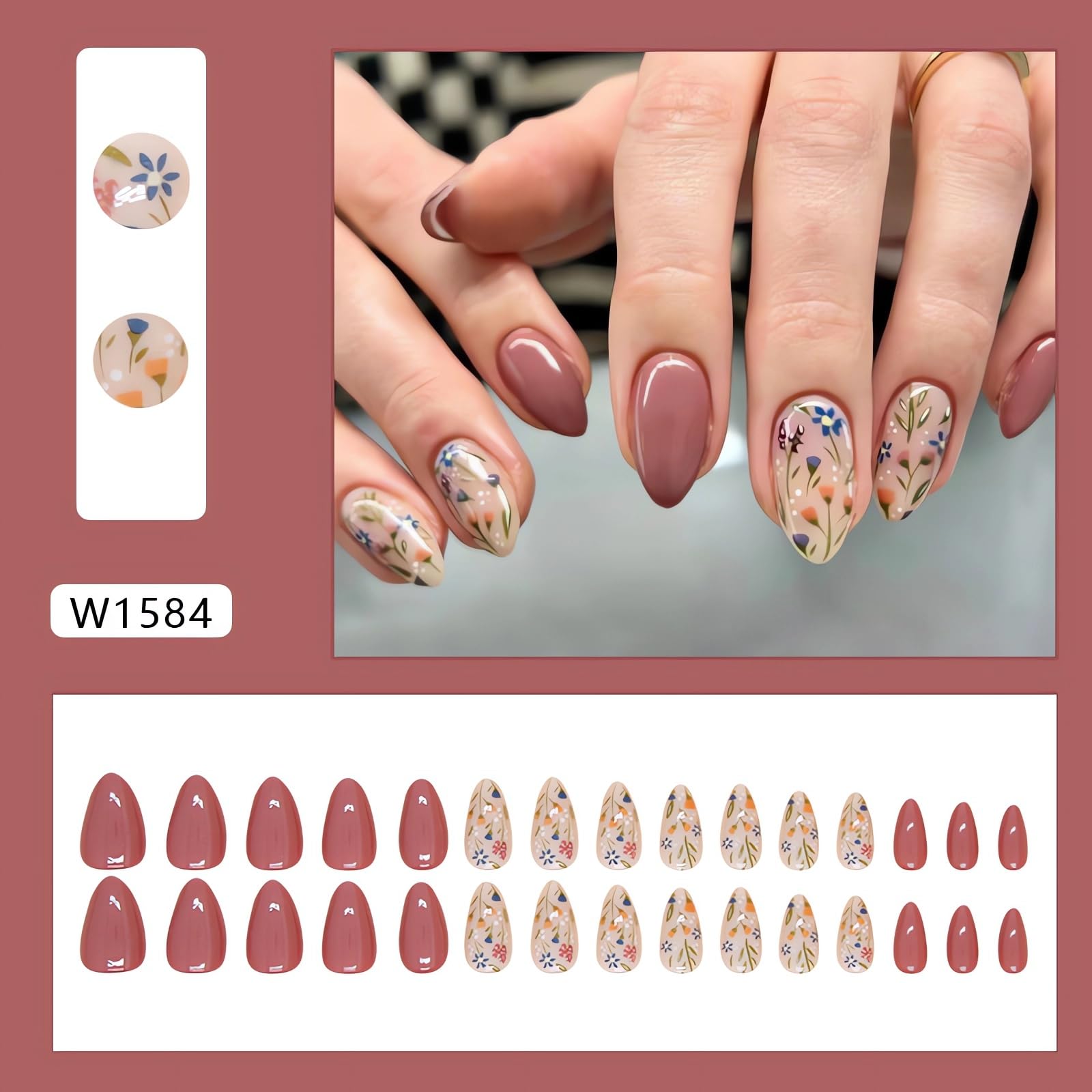 Almond Brown Flower Nails Press Ons blue flowers on nails for playful style