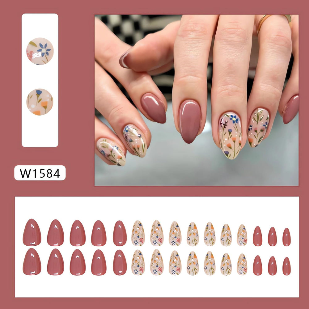 Almond Brown Flower Nails Press Ons blue flowers on nails for playful style
