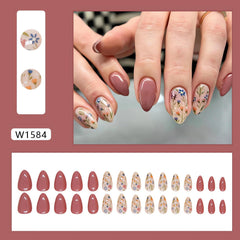 Almond Brown Flower Nails Press Ons blue flowers on nails for playful style