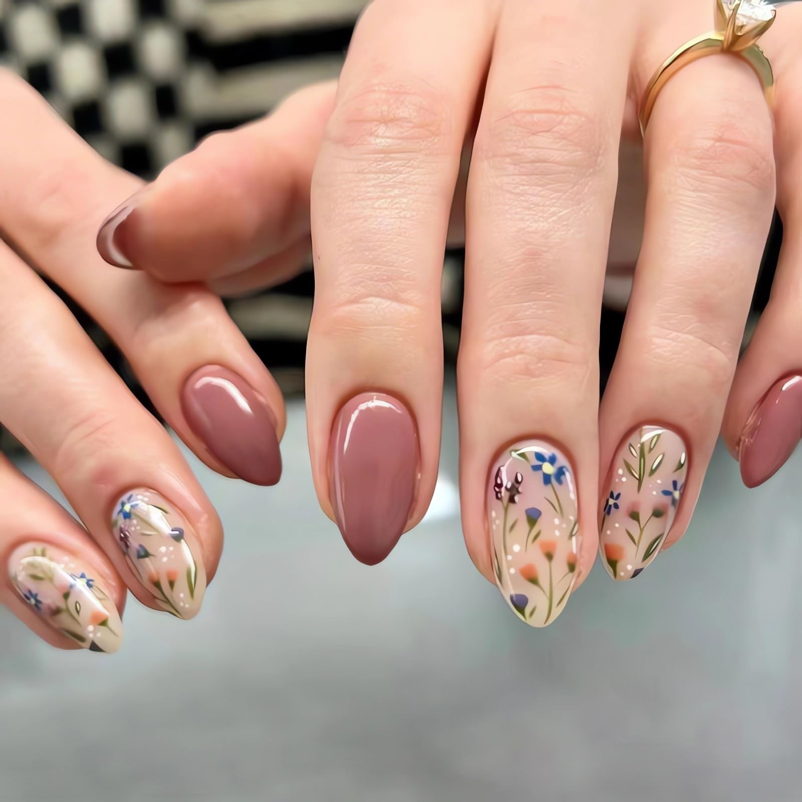 Almond Brown Flower Nails Press Ons closeup with blue flowers for daily wear