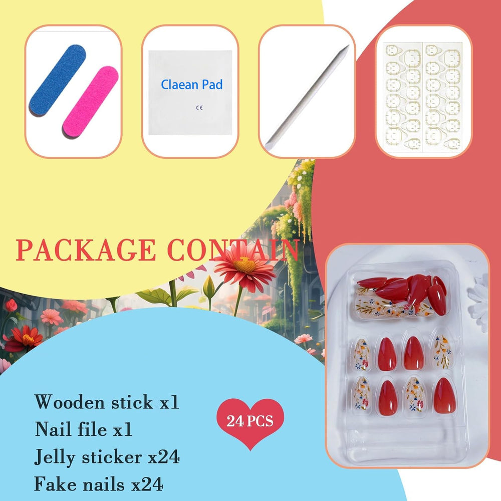 Almond Brown Flower Nails Press Ons kit contents for DIY nails