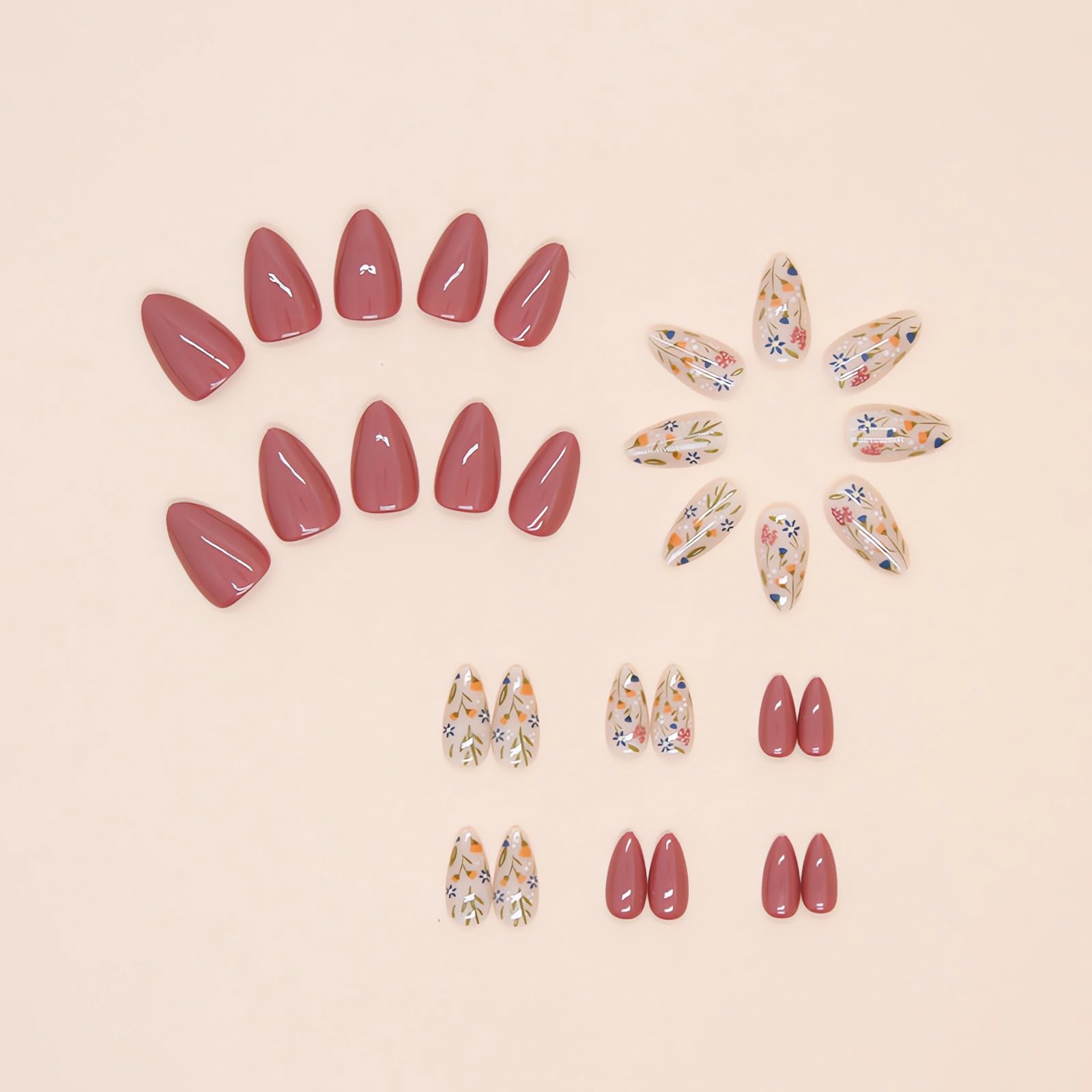 Almond Brown Flower Nails Press Ons oval glossy finish for sleek look