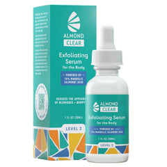 Almond Clear Body Clearing Serum bottle pour demonstrates the potent mandelic acid formula for clearer skin.