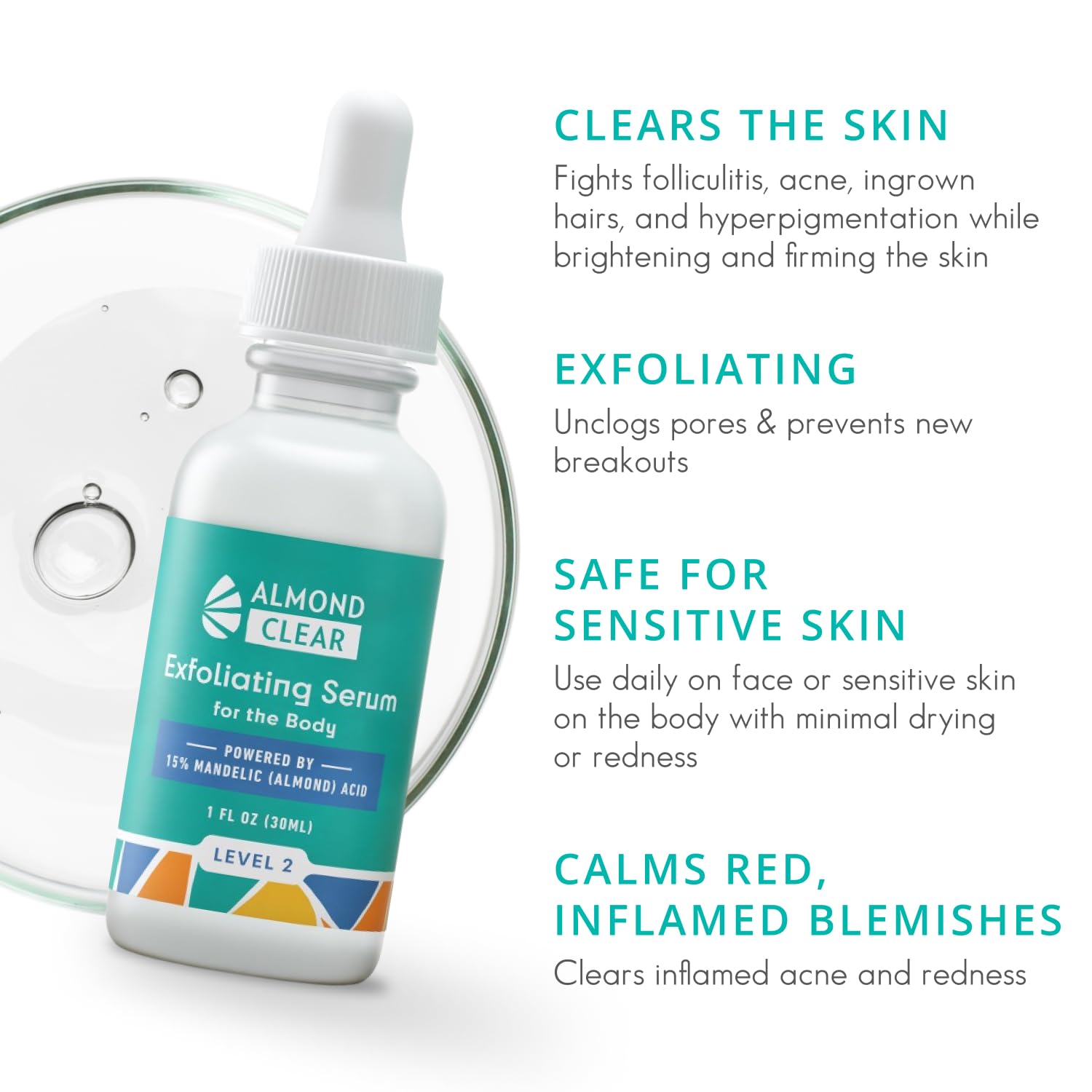 Almond Clear body clearing serum texture closeup hints at smooth, brighter skin.