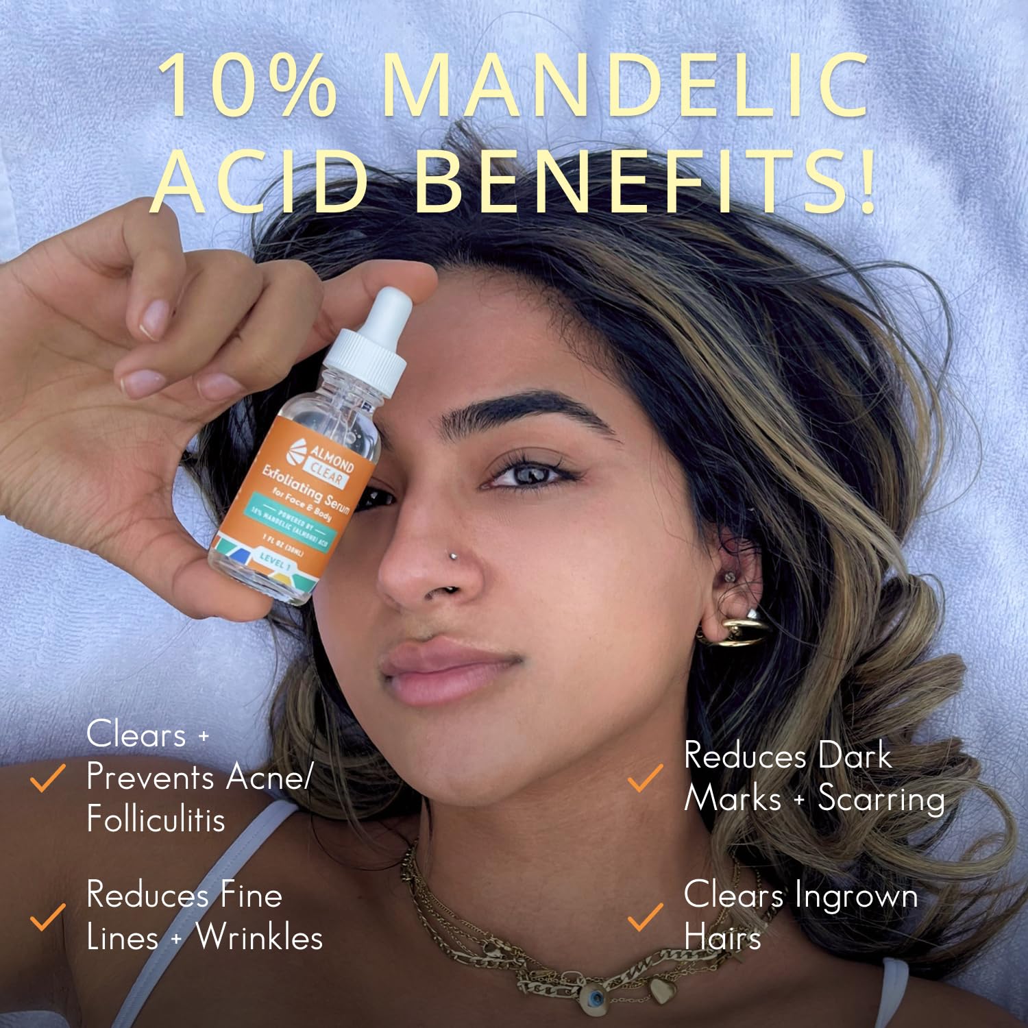 Almond Clear dark spots on skin image suggests tone evening and brighter appearance.