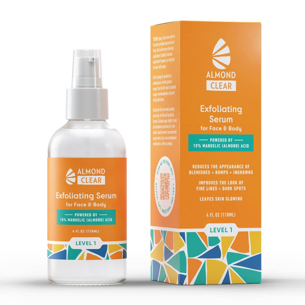 Almond Clear Level 1 Serum bottle designed for daily facial care with mandelic acid.