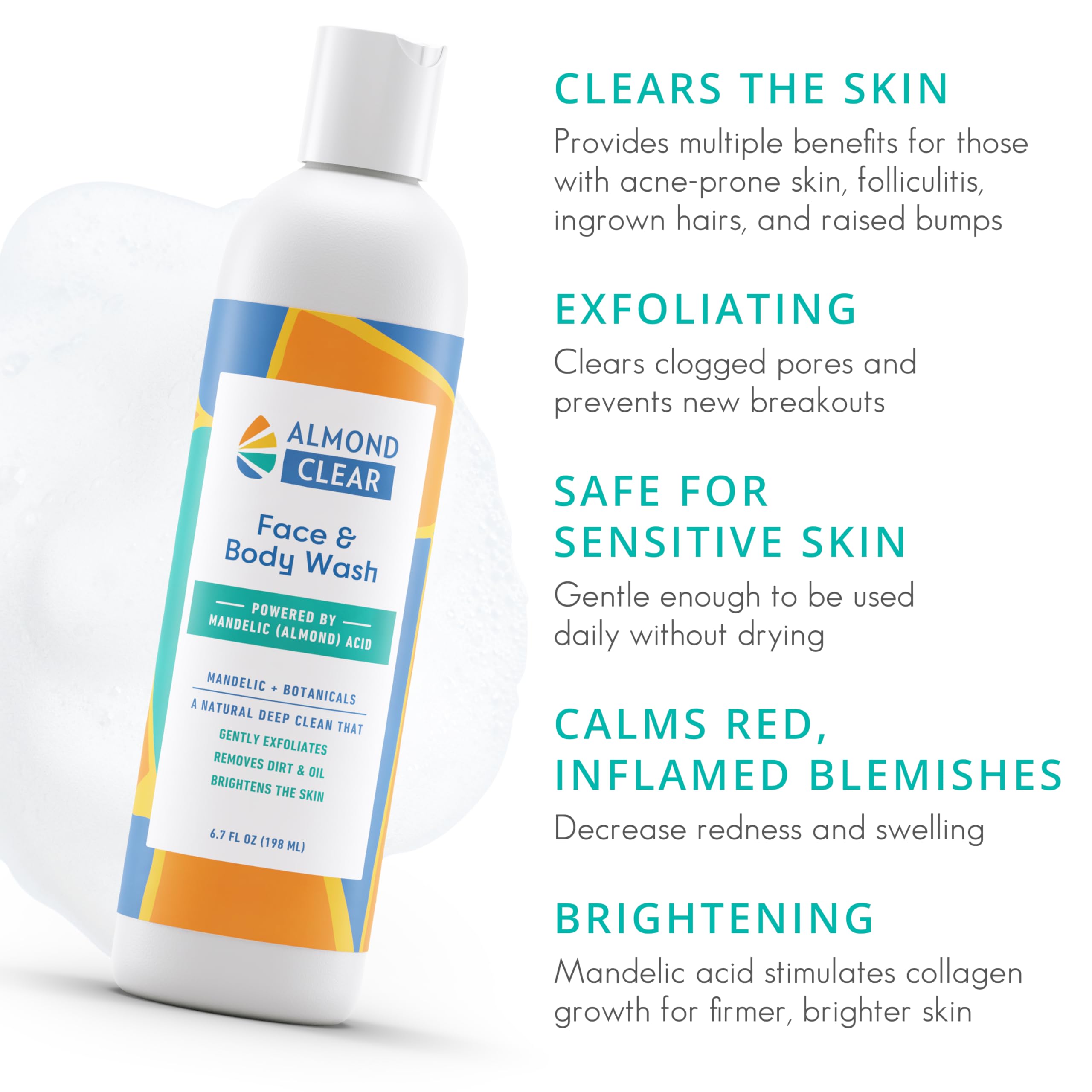 Almond Clear mandelic-acid exfoliation texture close-up; pore-clearing action.