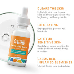 Almond Clear serum texture closeup showing mandelic acid application.