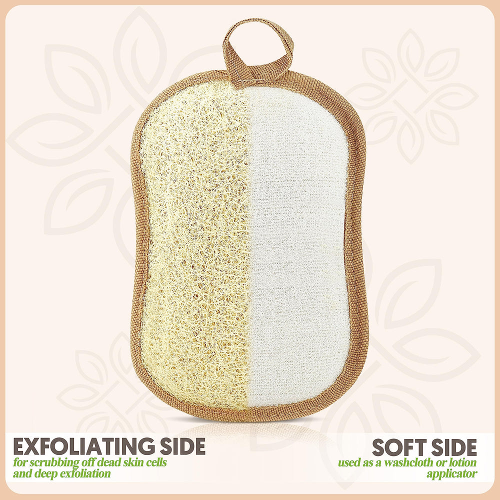 ALMOONI bow-tie loofah pad hand-strap demonstrates easy grip during shower