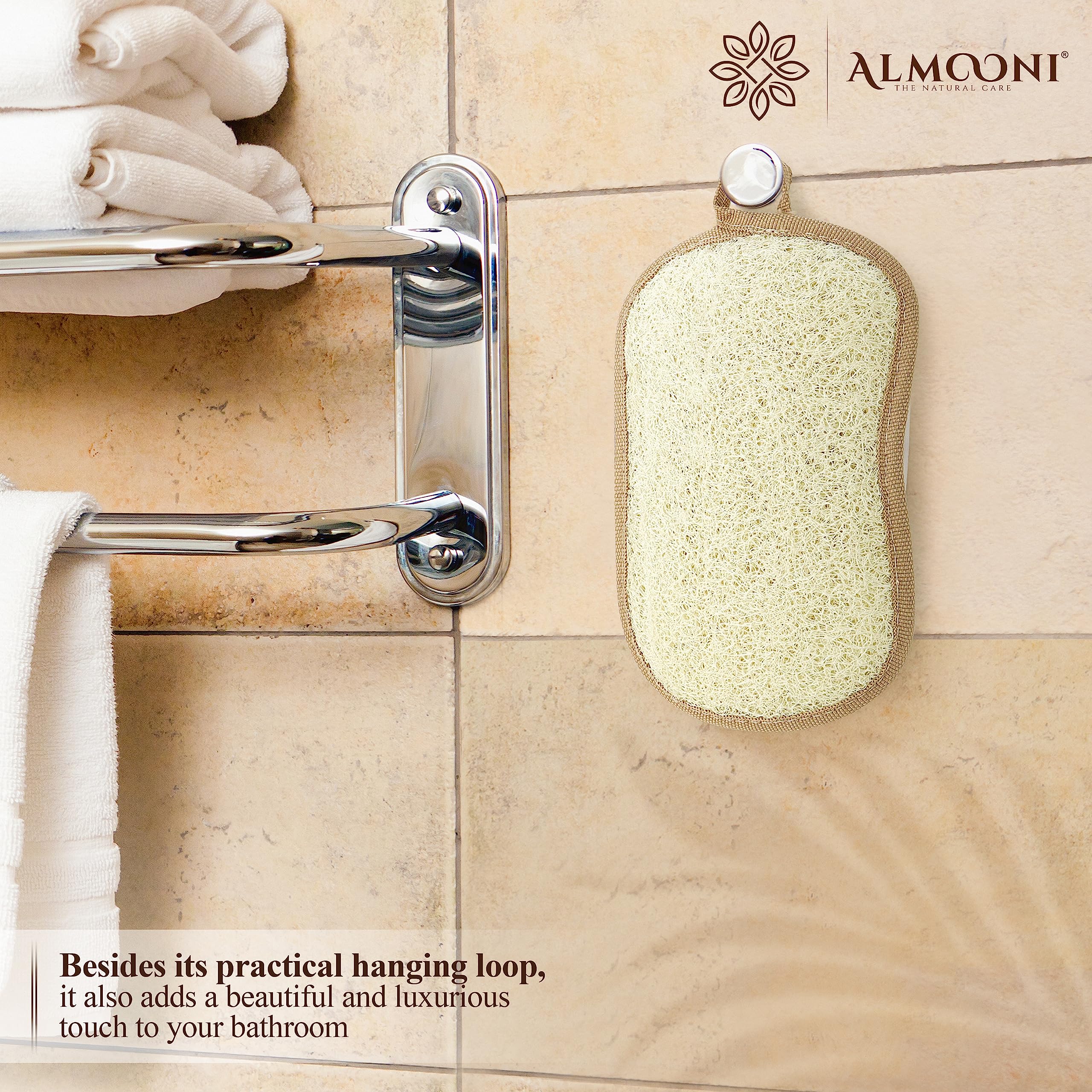 ALMOONI bow-tie loofah pad packaging highlights eco-friendly packaging