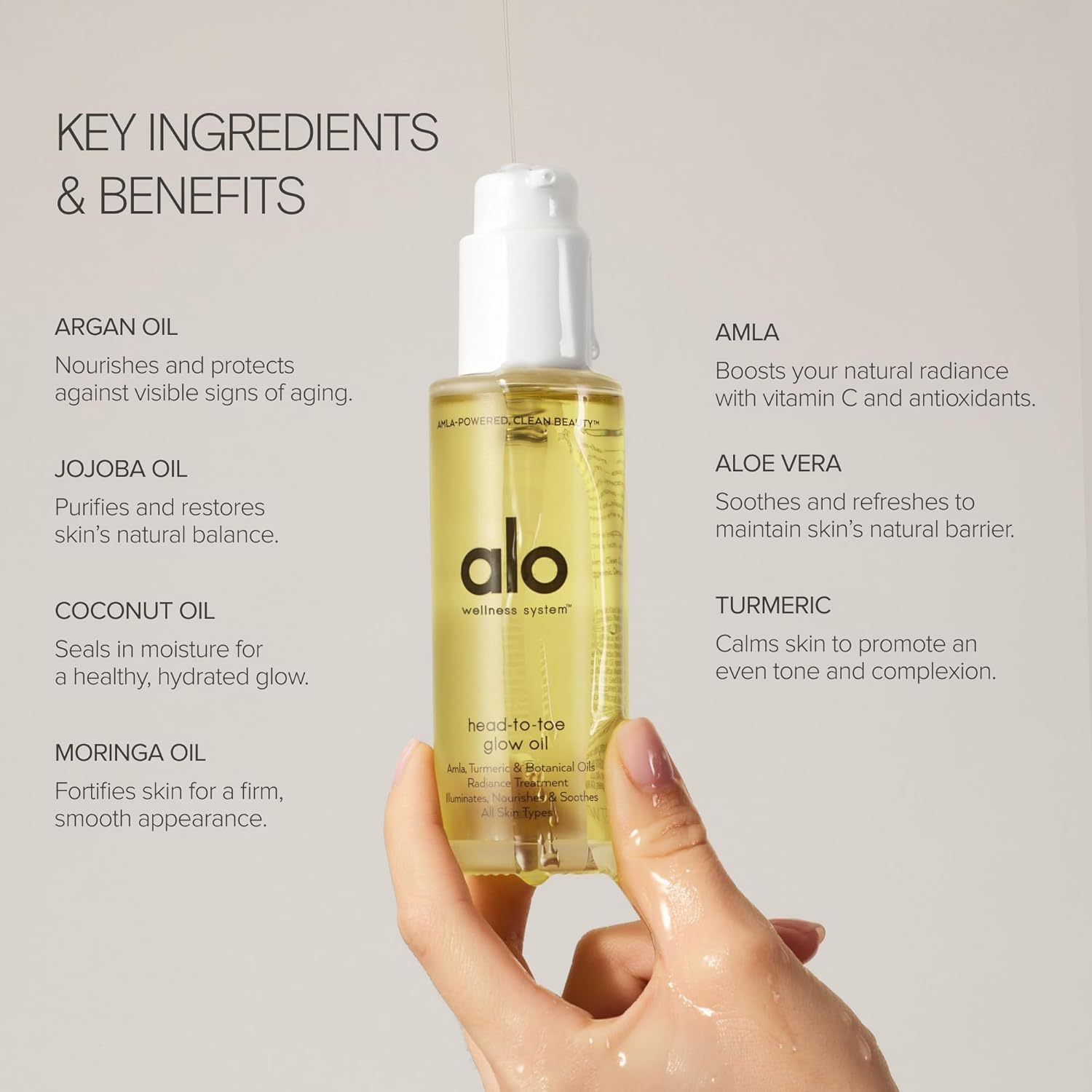 Alo Glow Oil liquid swirl on skin delivers fast absorption and glow.