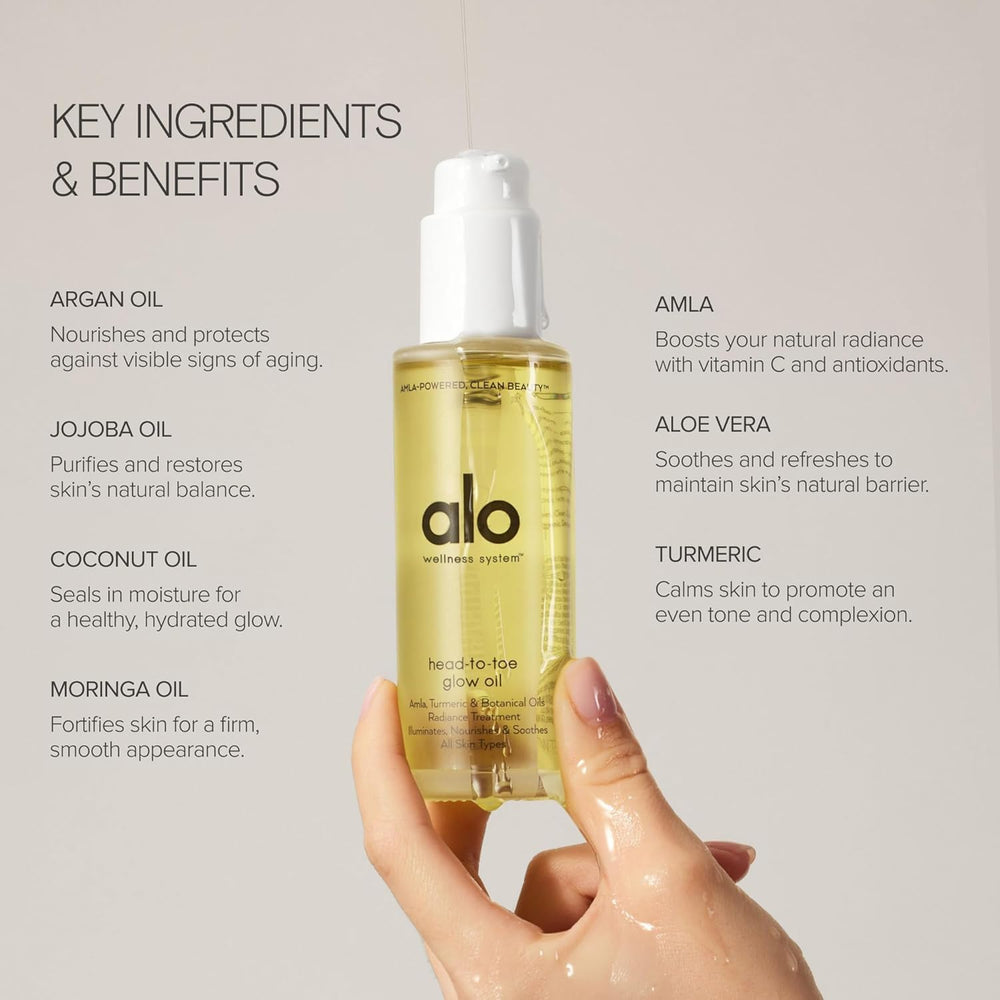 Alo Glow Oil liquid swirl on skin delivers fast absorption and glow.