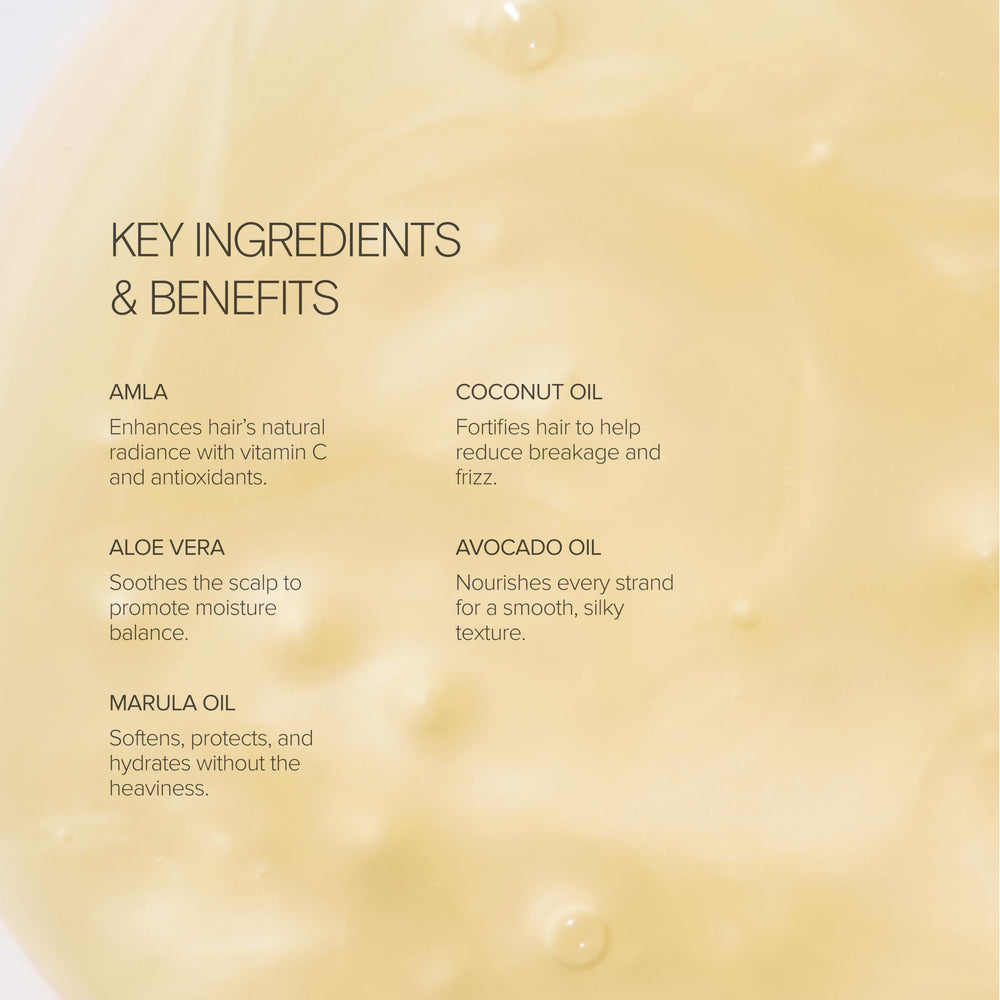Close-up of Alo Shine Shampoo bottle highlighting frizz defense and soft hair.