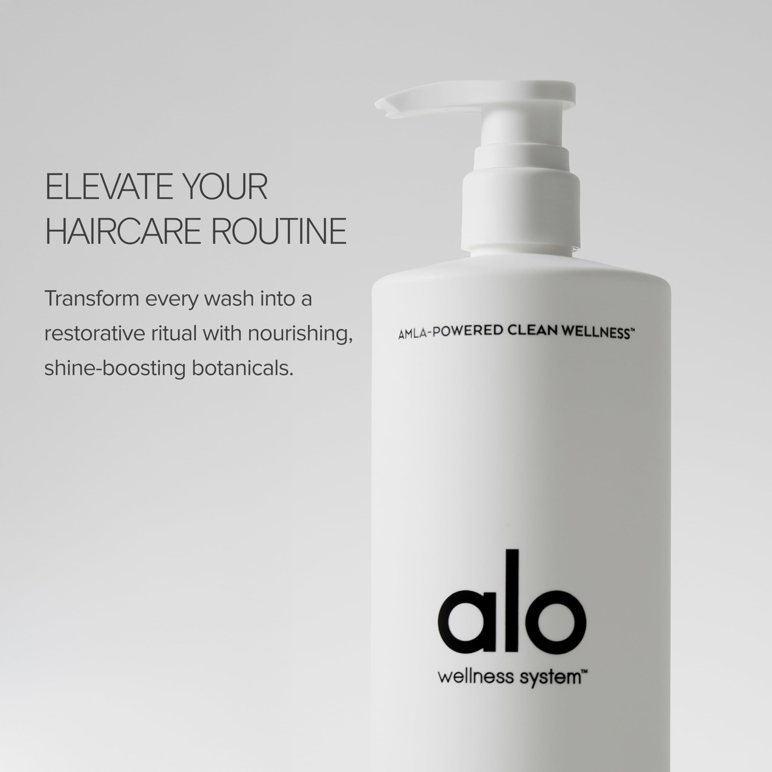 Pouring Alo Shine Shampoo shows weightless hydration through strands.
