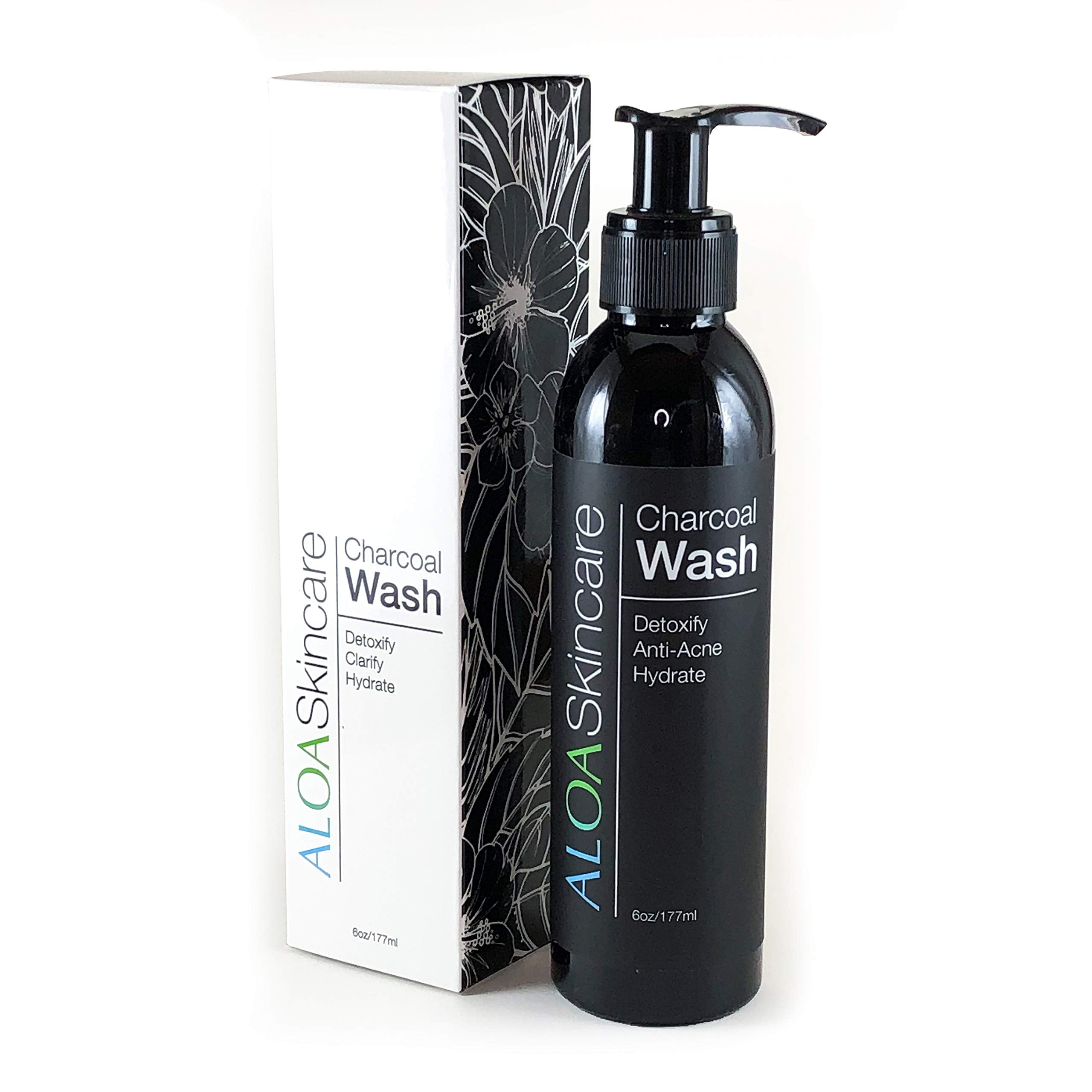 ALOA skincare detoxifying charcoal face wash bottle highlighting detoxifying formula for pores