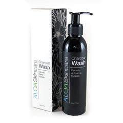 ALOA skincare detoxifying charcoal face wash bottle highlighting detoxifying formula for pores