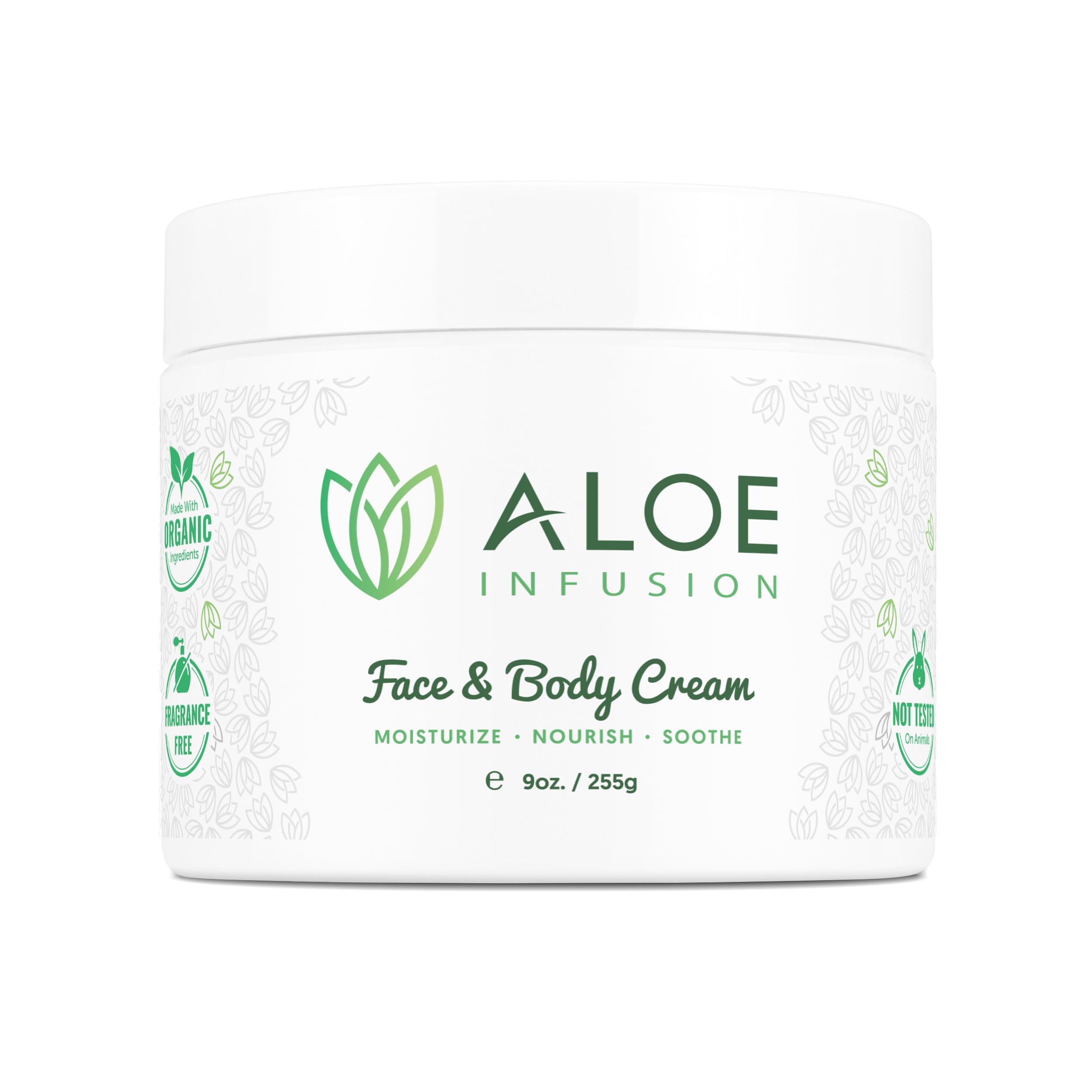 Aloe Infusion face cream application reveals quick absorption for dry, sensitive skin.