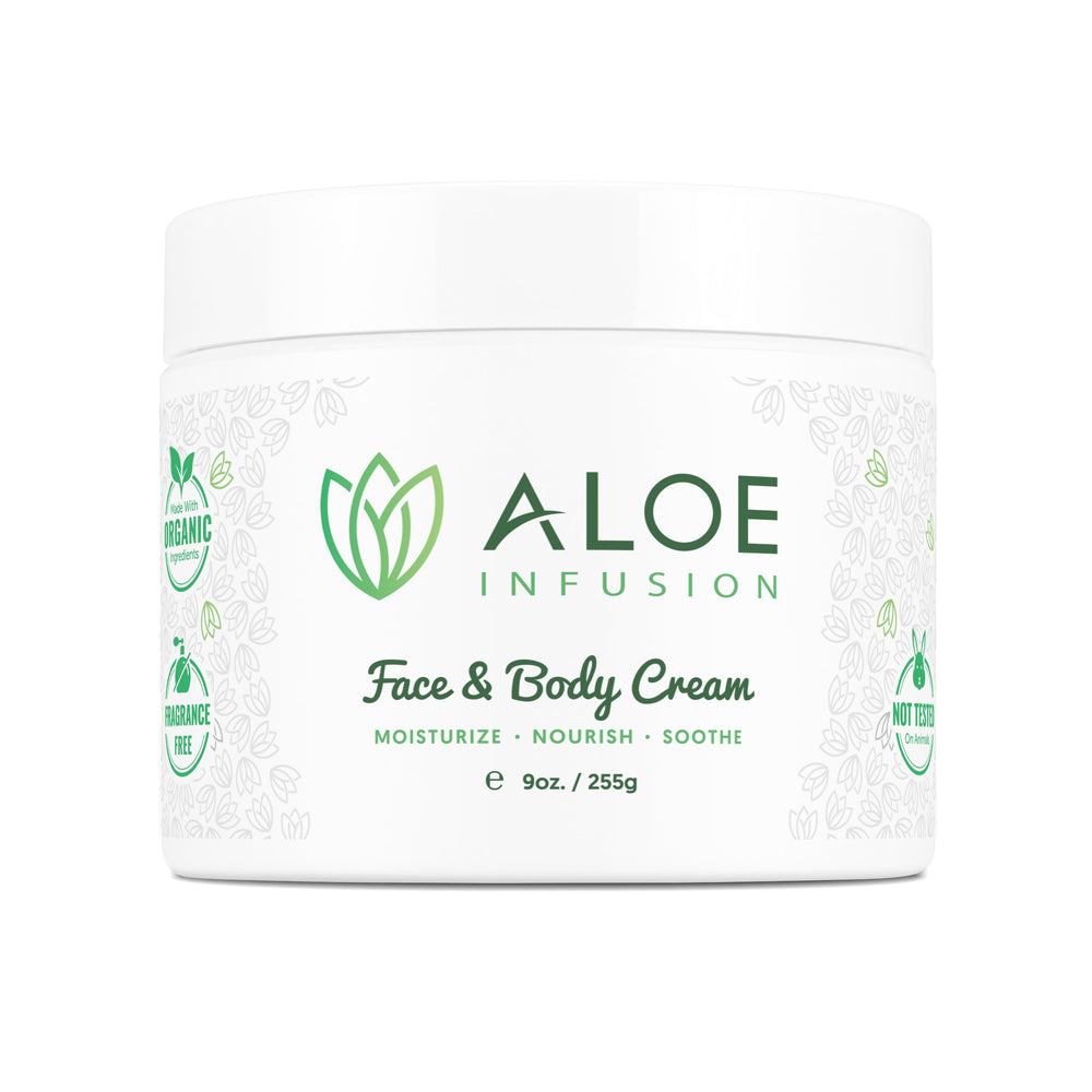 Aloe Infusion face cream application reveals quick absorption for dry, sensitive skin.