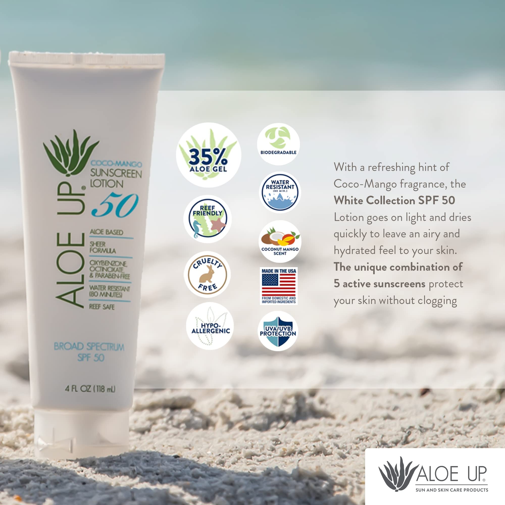 Cruelty-free, reef-friendly sunblock packaging emphasizes environmental care.