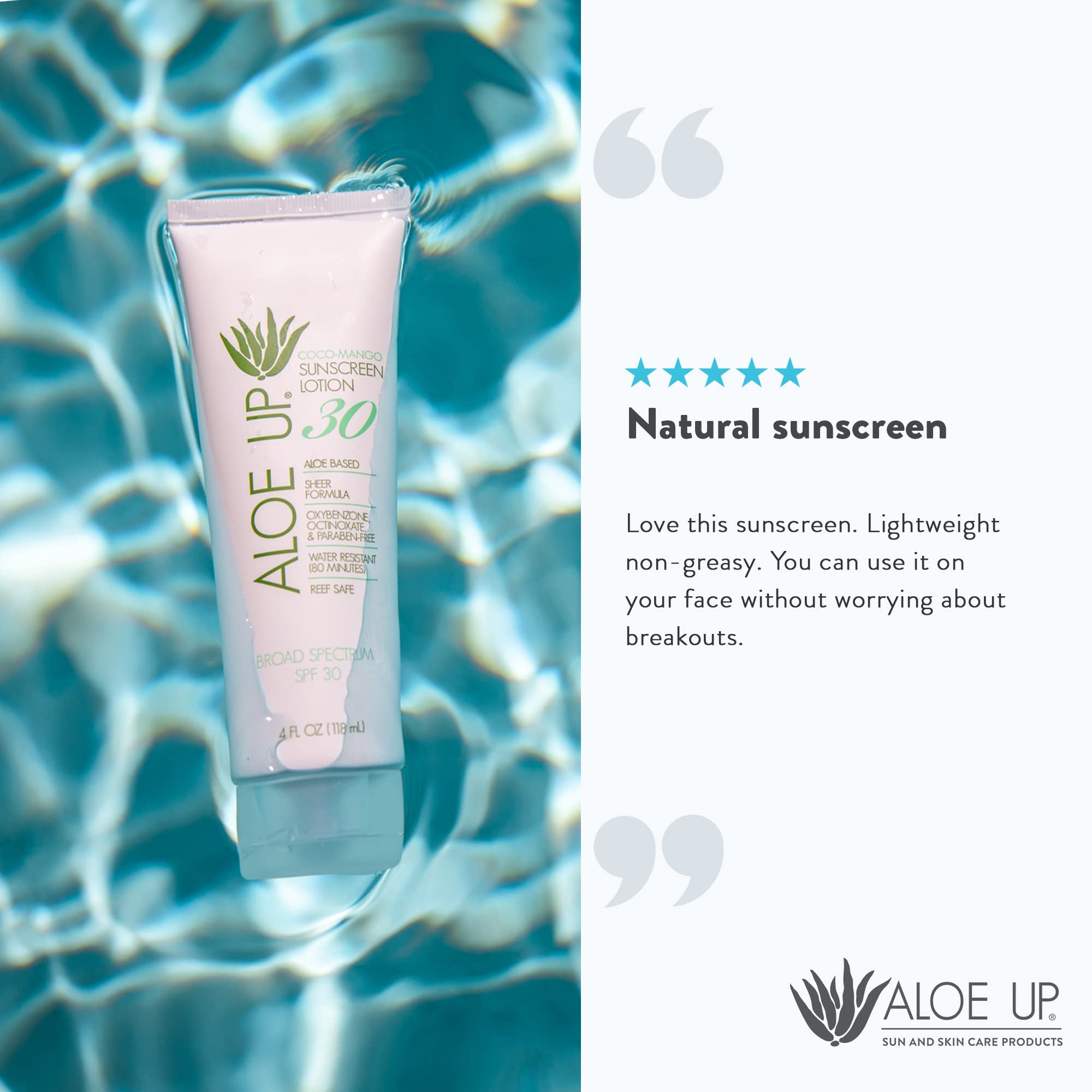 Aloe Up sunscreen applied to face and body for quick absorption and comfort.