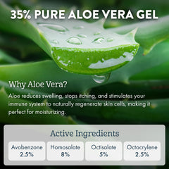 Aloe Up ingredients panel highlights aloe vera gel and nourishing oils.