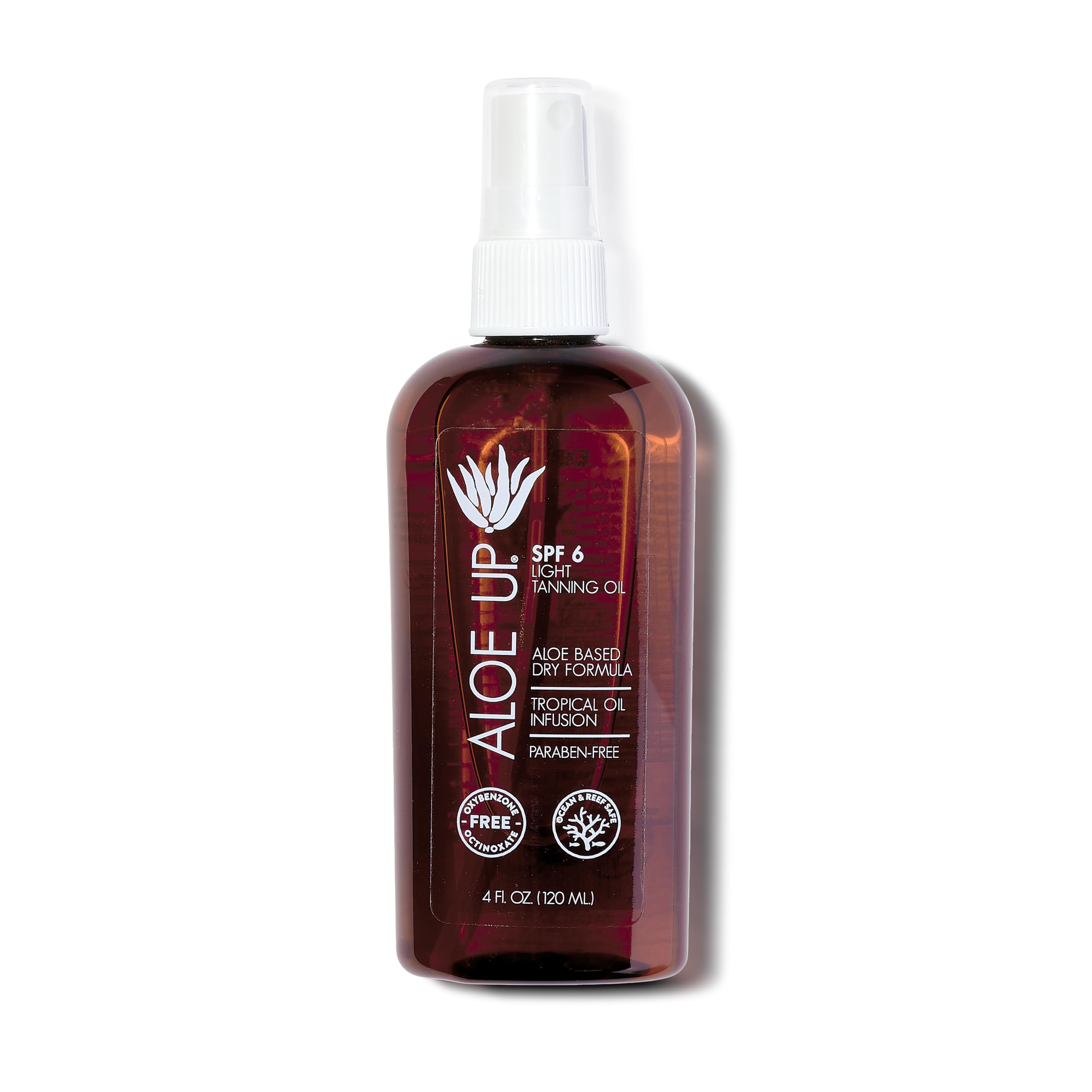 Aloe Up light tanning oil bottle with pump absorbs quickly and leaves a light, non-greasy finish.