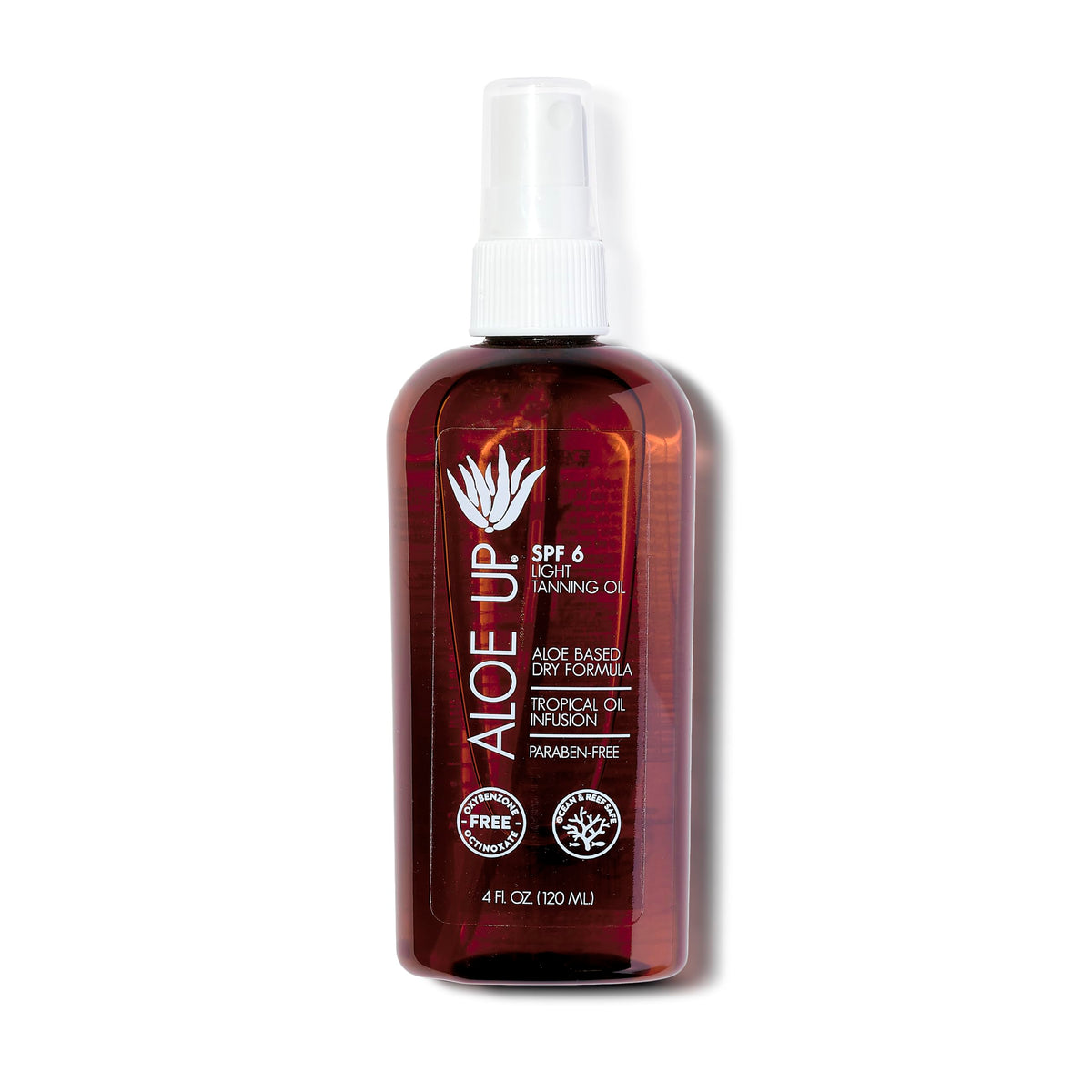 Aloe Up light tanning oil bottle with pump absorbs quickly and leaves a light, non-greasy finish.