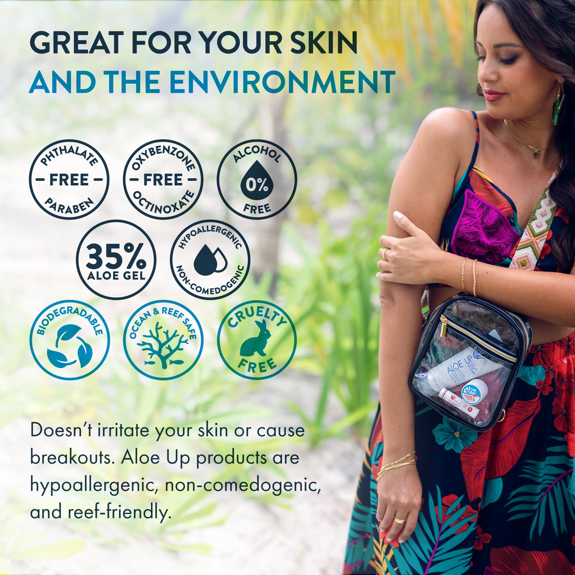 ALOE UP no-sticky-residue formula applies light and dries comfortably.