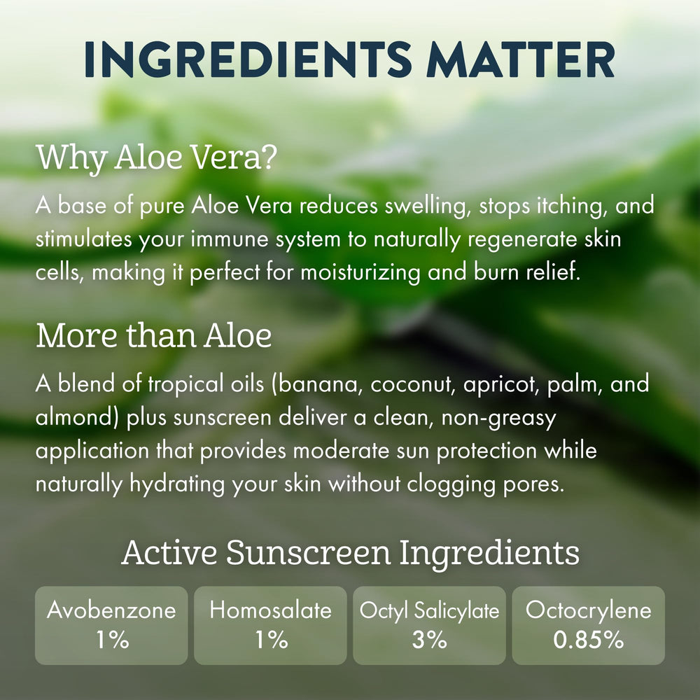 Aloe Up reef-friendly tanning oil bottle on a sunny beach.