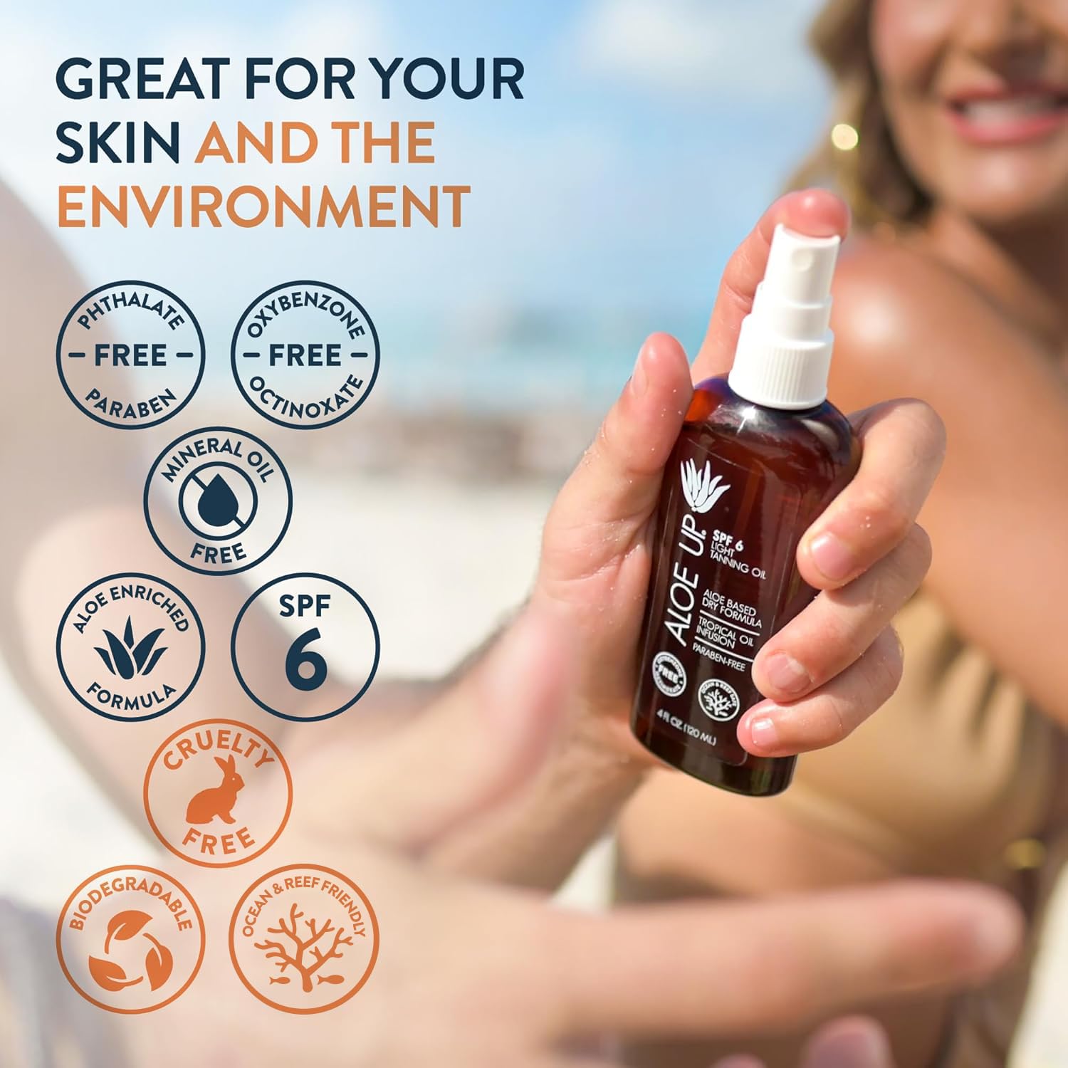 Aloe Up SPF 6 label on a smooth, fast-dry tanning oil bottle.