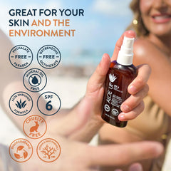 Aloe Up SPF 6 label on a smooth, fast-dry tanning oil bottle.