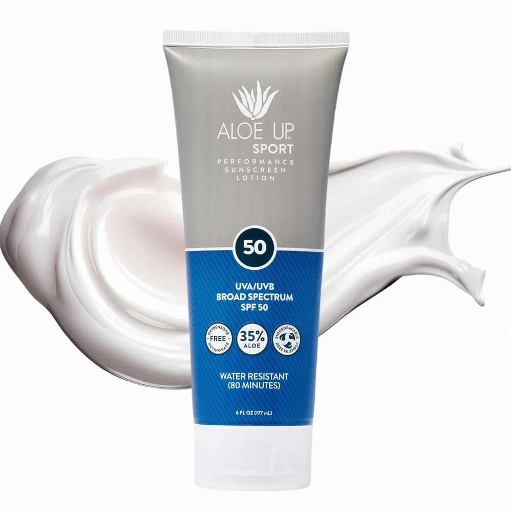 Aloe Up sport sunscreen lotion bottle ready for outdoor adventures with SPF 50