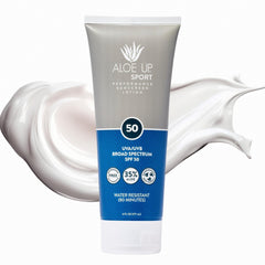 Aloe Up sport sunscreen lotion bottle ready for outdoor adventures with SPF 50