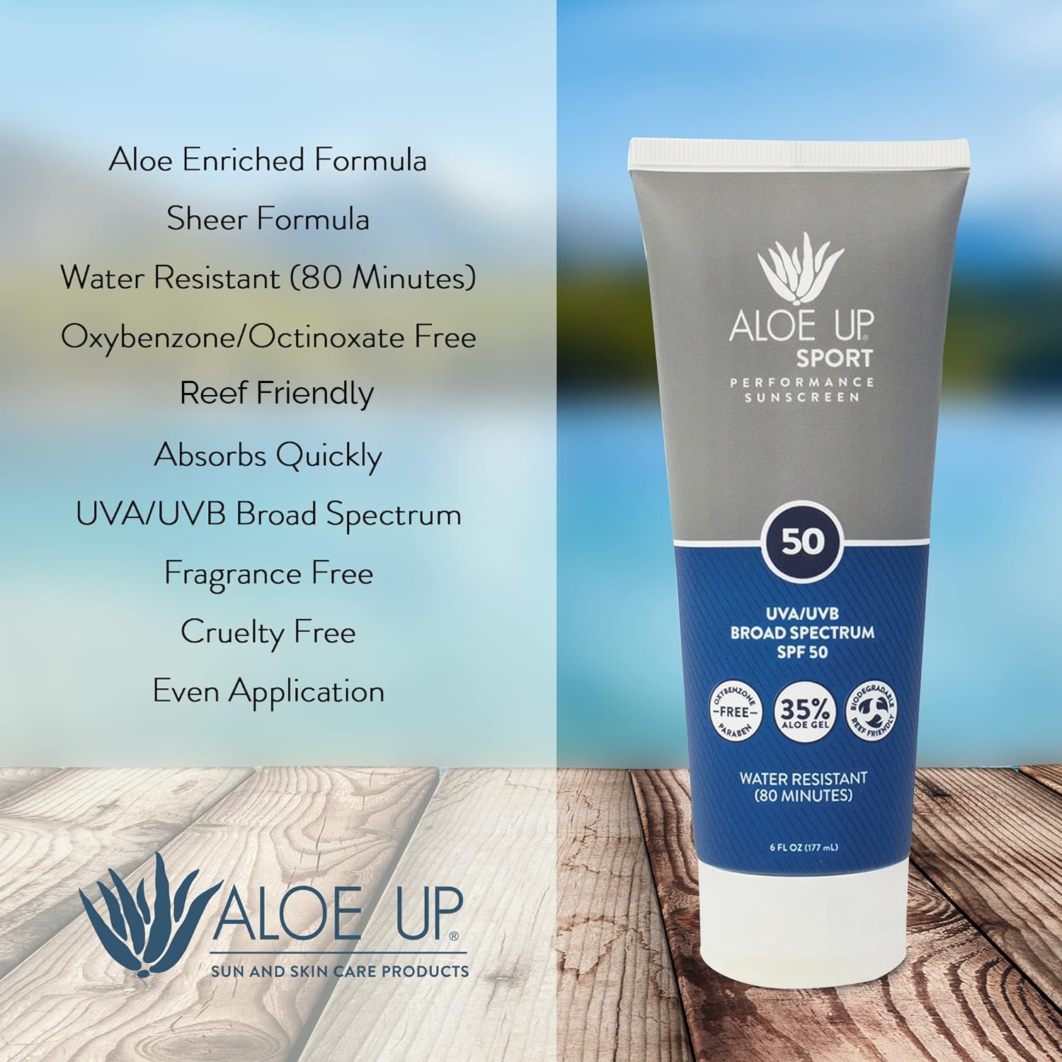 Reef-safe and cruelty-free certification icons accompany the Aloe Up line
