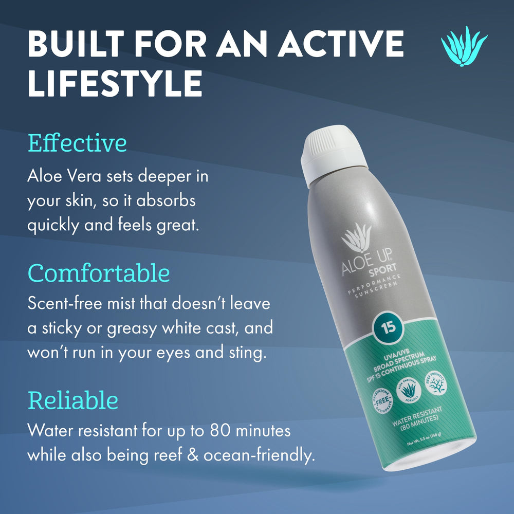 Aloe Up Sport sunscreen spray in action for quick application.